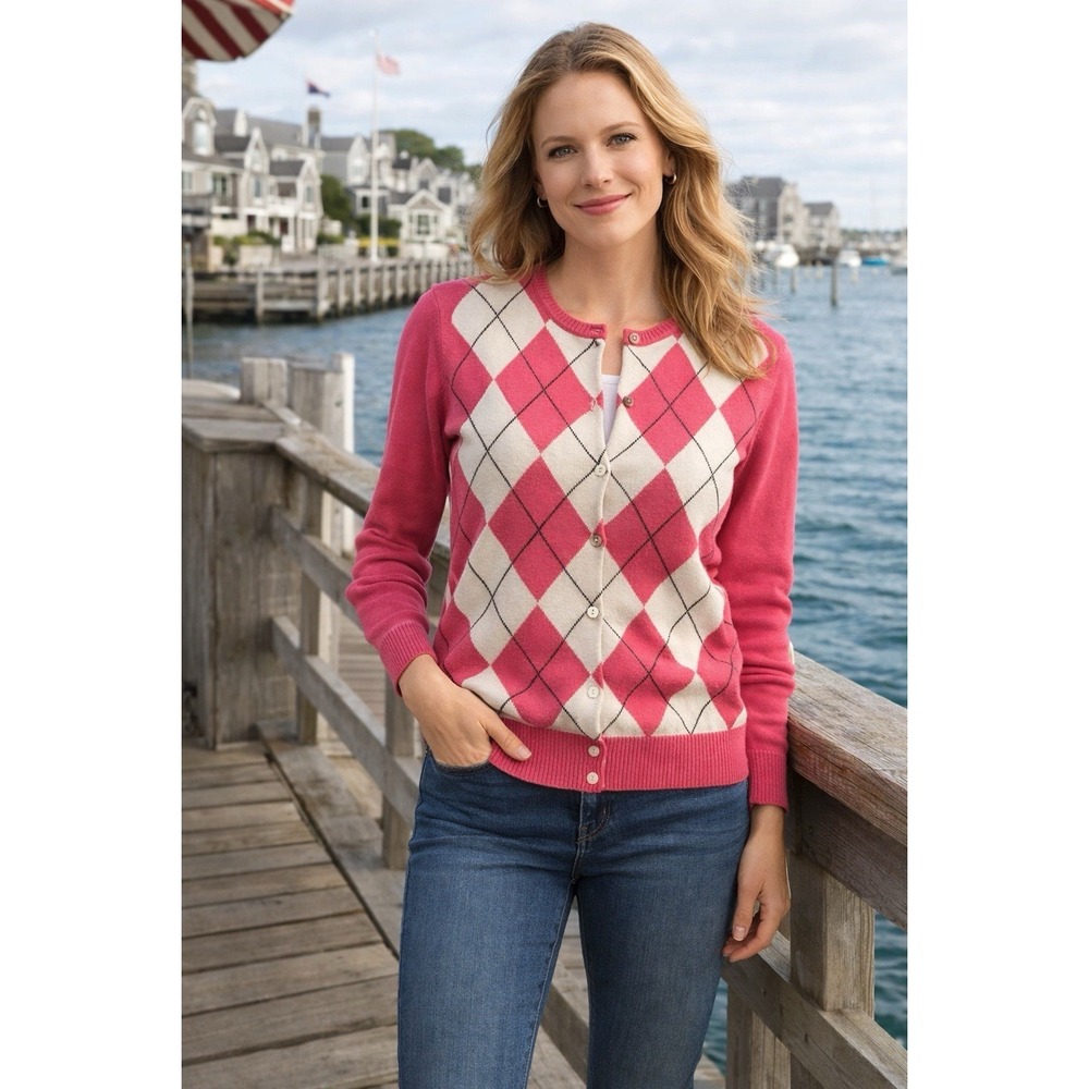 Lands End‎ Pink Argyle Cardigan L Supima Cotton Preppy Classic Sweater - Picture 2 of 10
